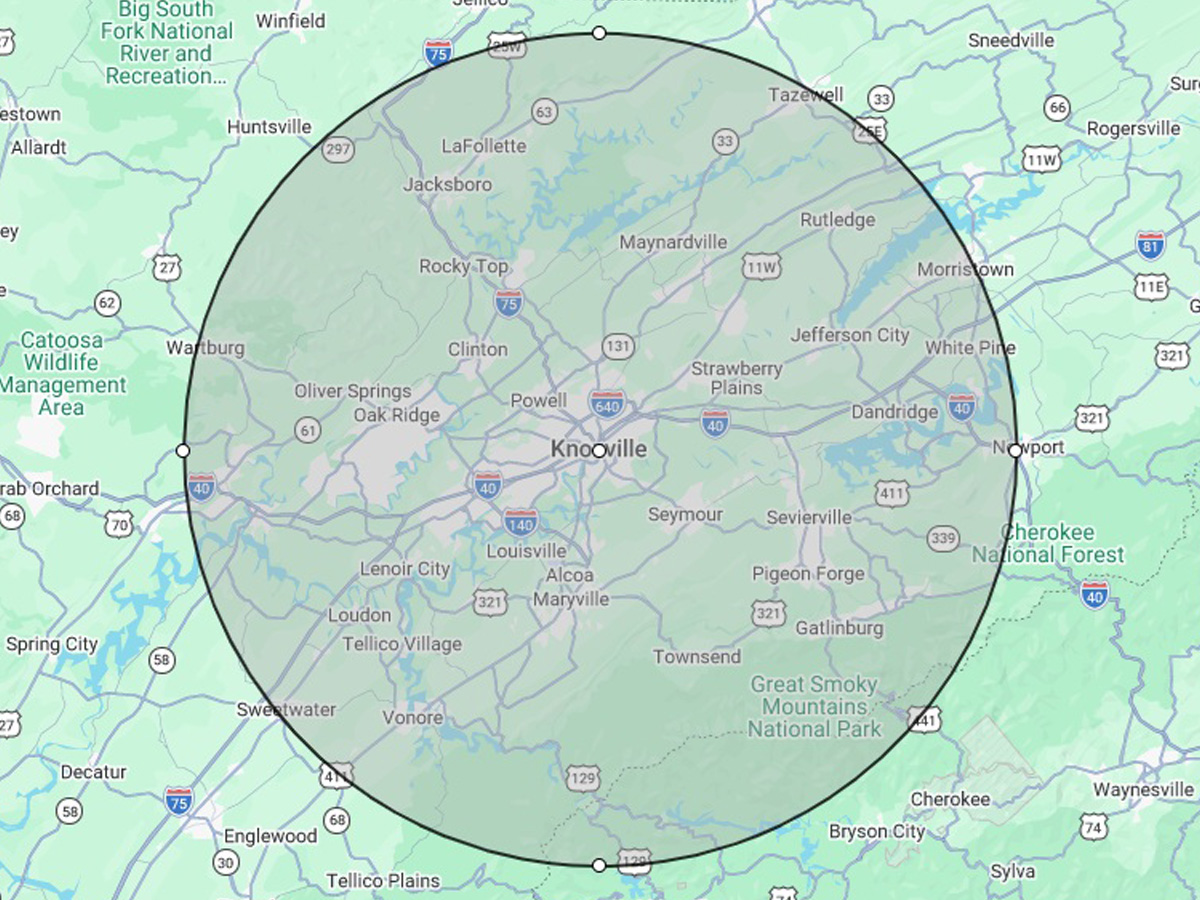 Orange Hat Home Builders service area map — Knoxville and East Tennessee